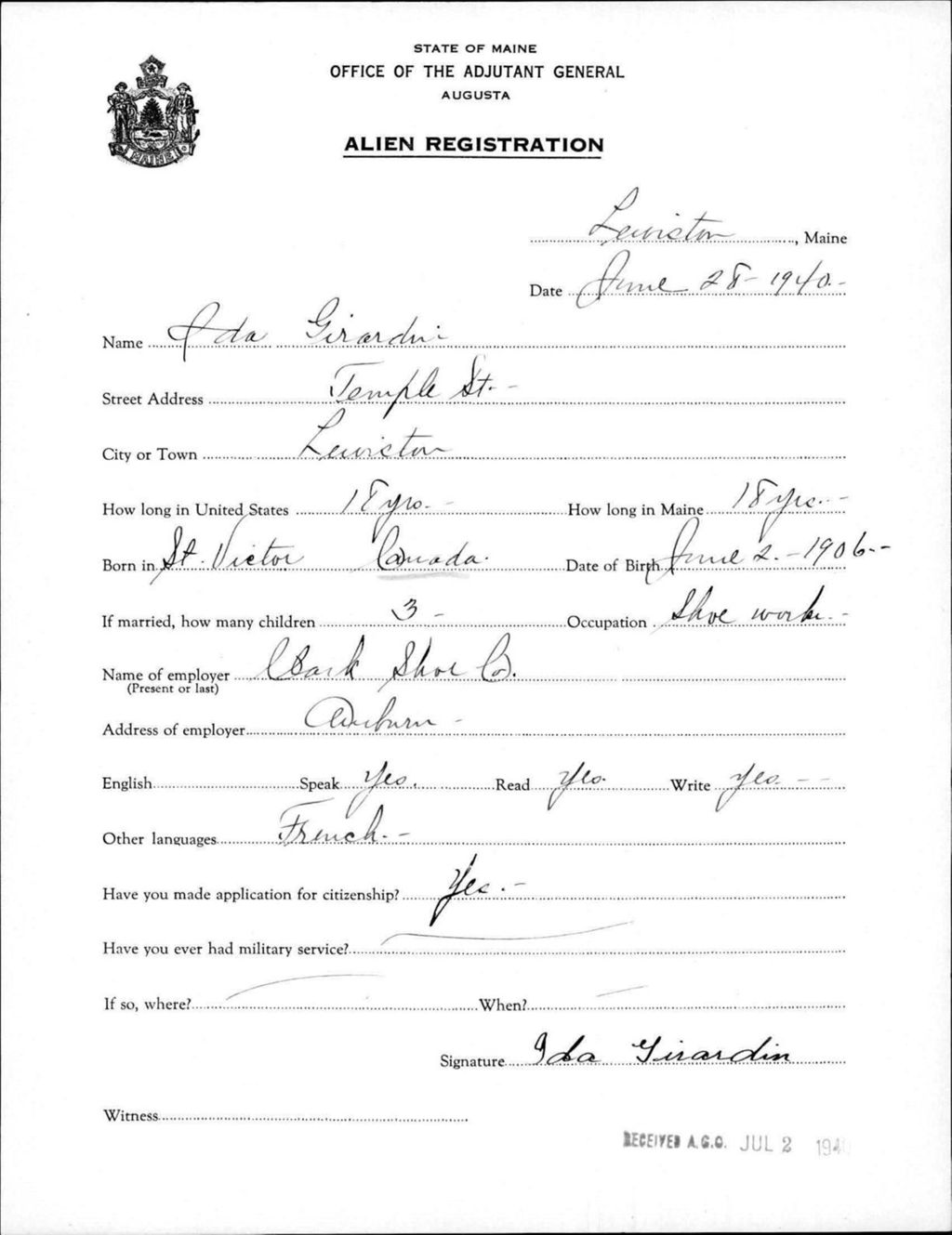 Miniature of Alien Registration- Girardin, Ida (Lewiston, Androscoggin County)