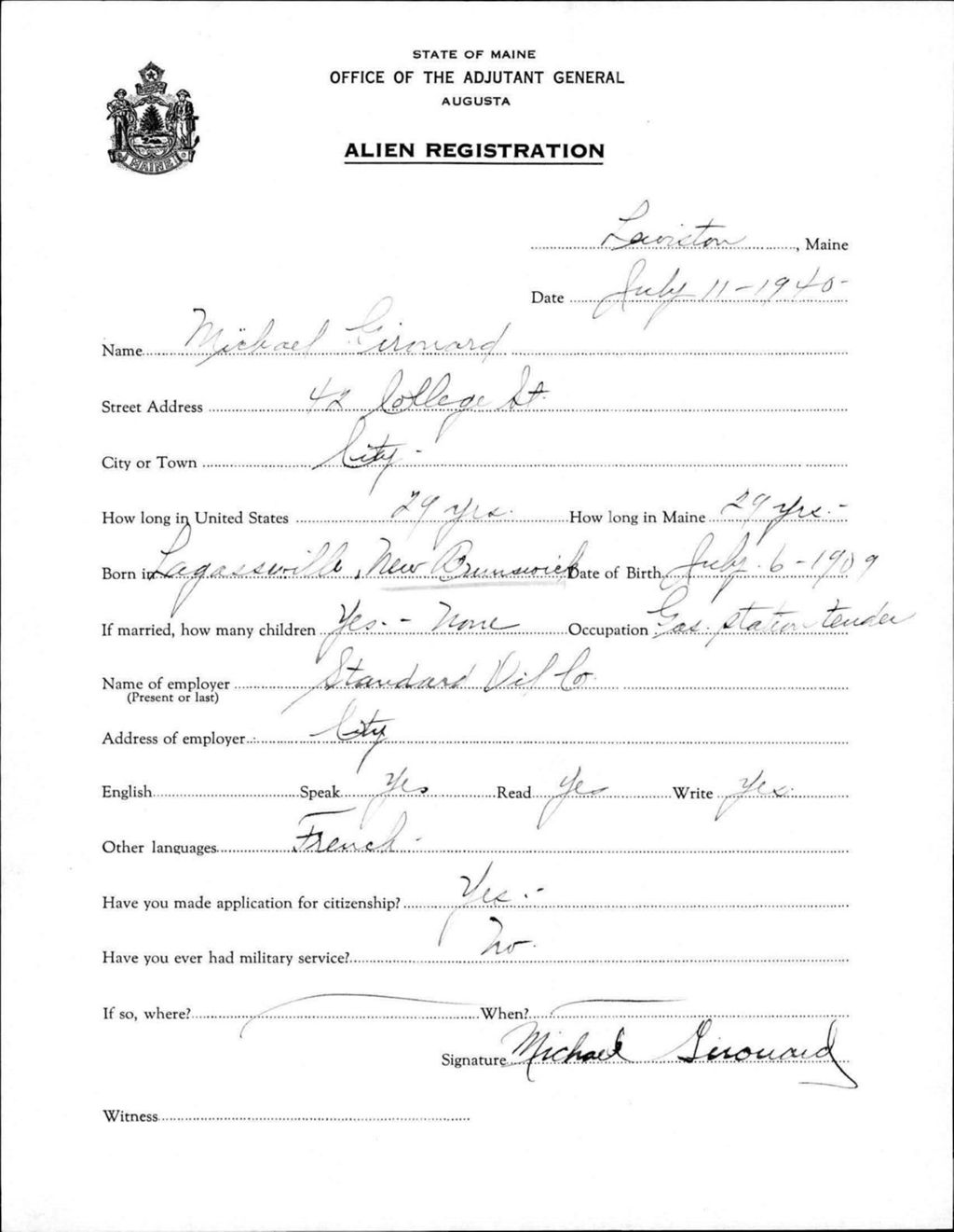 Miniature of Alien Registration- Gironard, Michael (Lewiston, Androscoggin County)