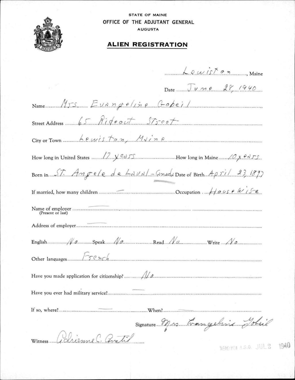 Miniature of Alien Registration- Gobeil, Evangeline (Lewiston, Androscoggin County)