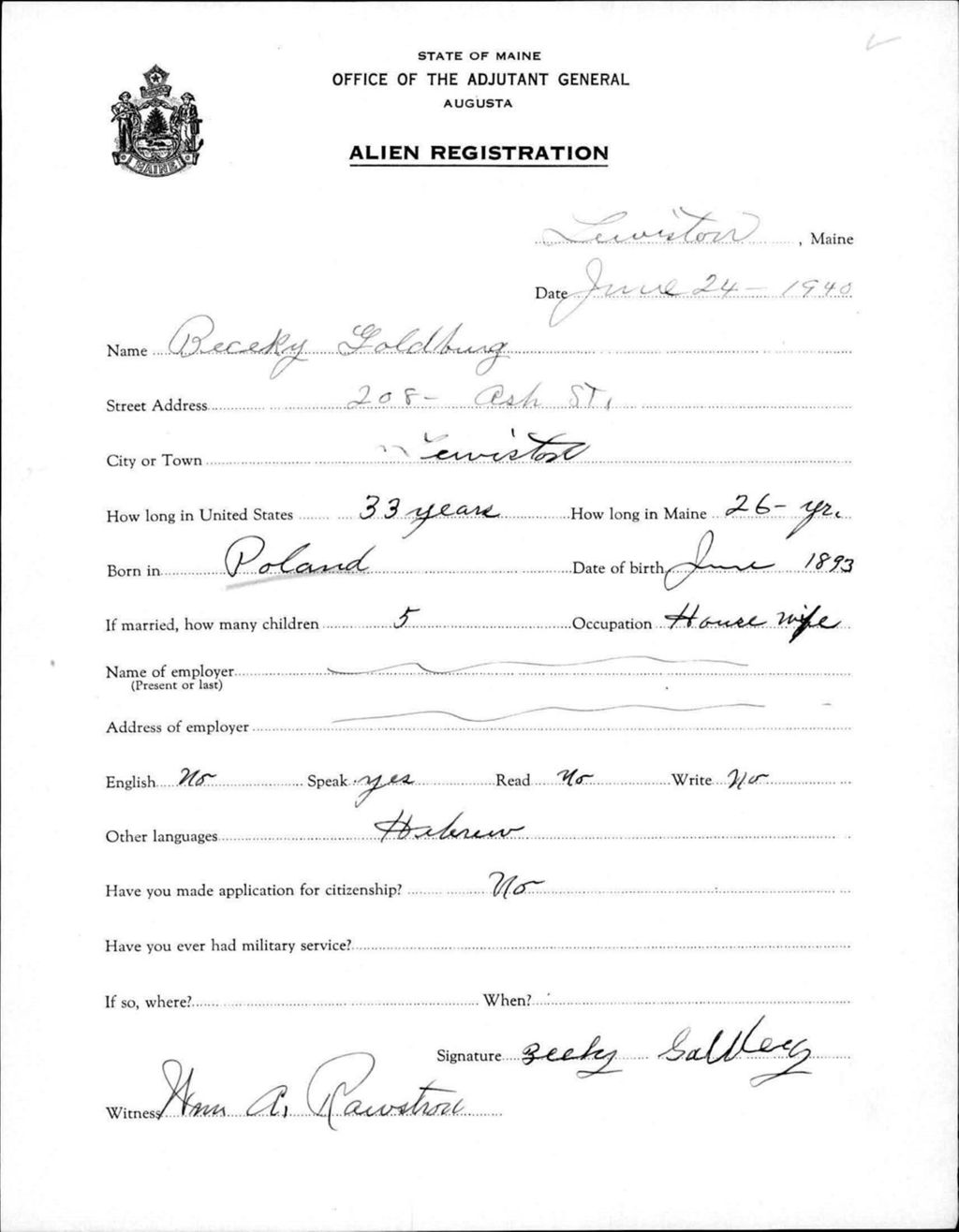 Miniature of Alien Registration- Goldburg, Beceky (Lewiston, Androscoggin County)