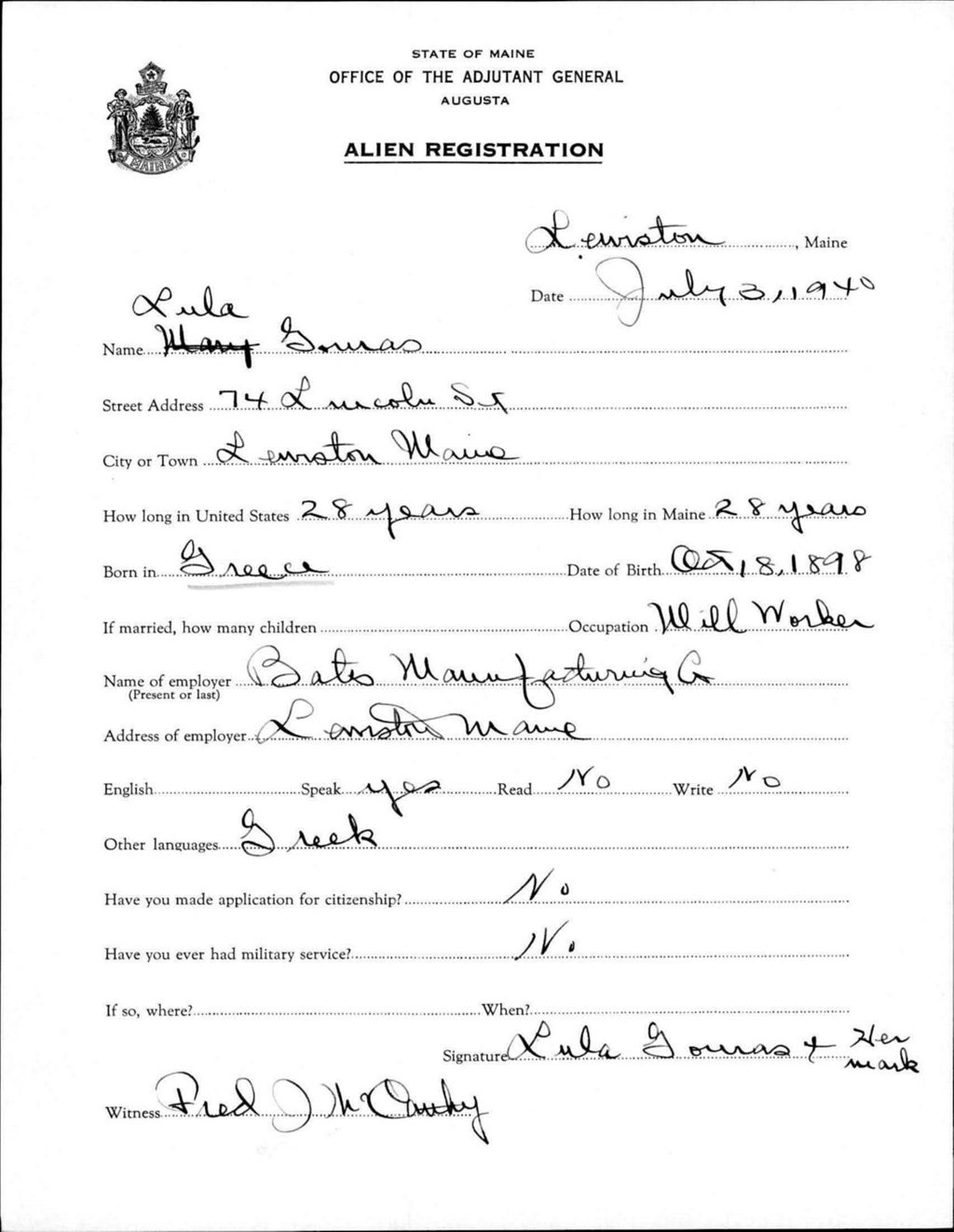 Miniature of Alien Registration- Gouras, Lula (Lewiston, Androscoggin County)