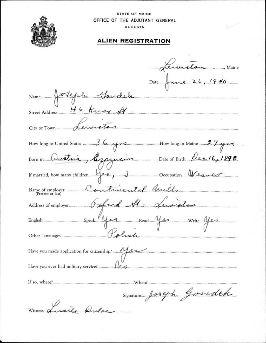 Miniature of Alien Registration- Gondek, Joseph (Lewiston, Androscoggin County)