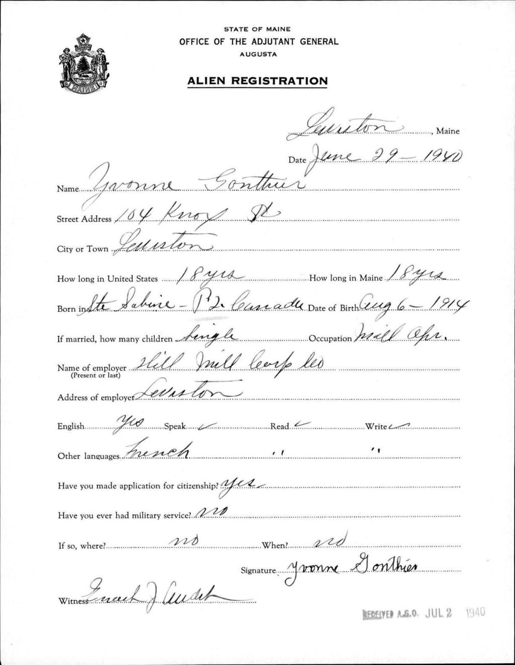 Miniature of Alien Registration- Gonthier, Yvonne (Lewiston, Androscoggin County)