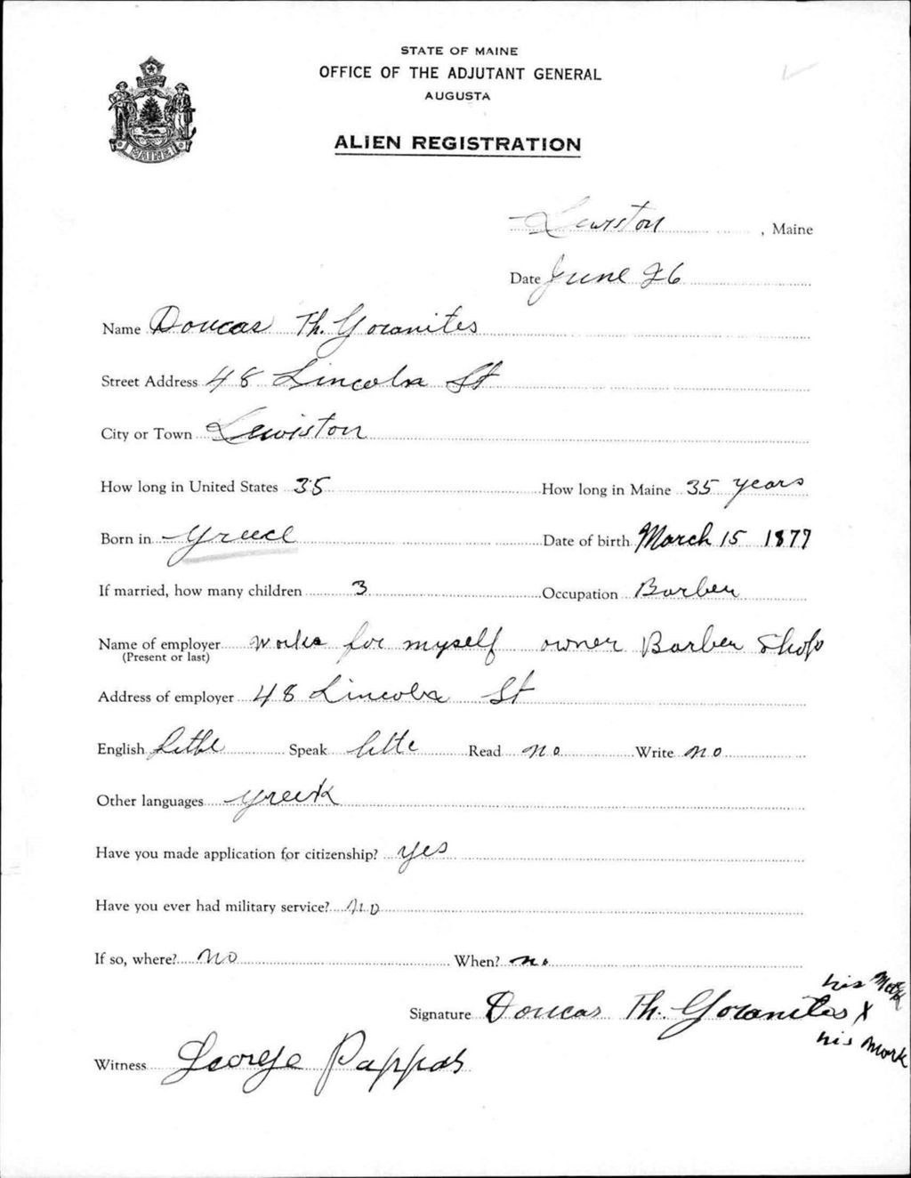 Miniature of Alien Registration- Goranites, Doucas (Lewiston, Androscoggin County)