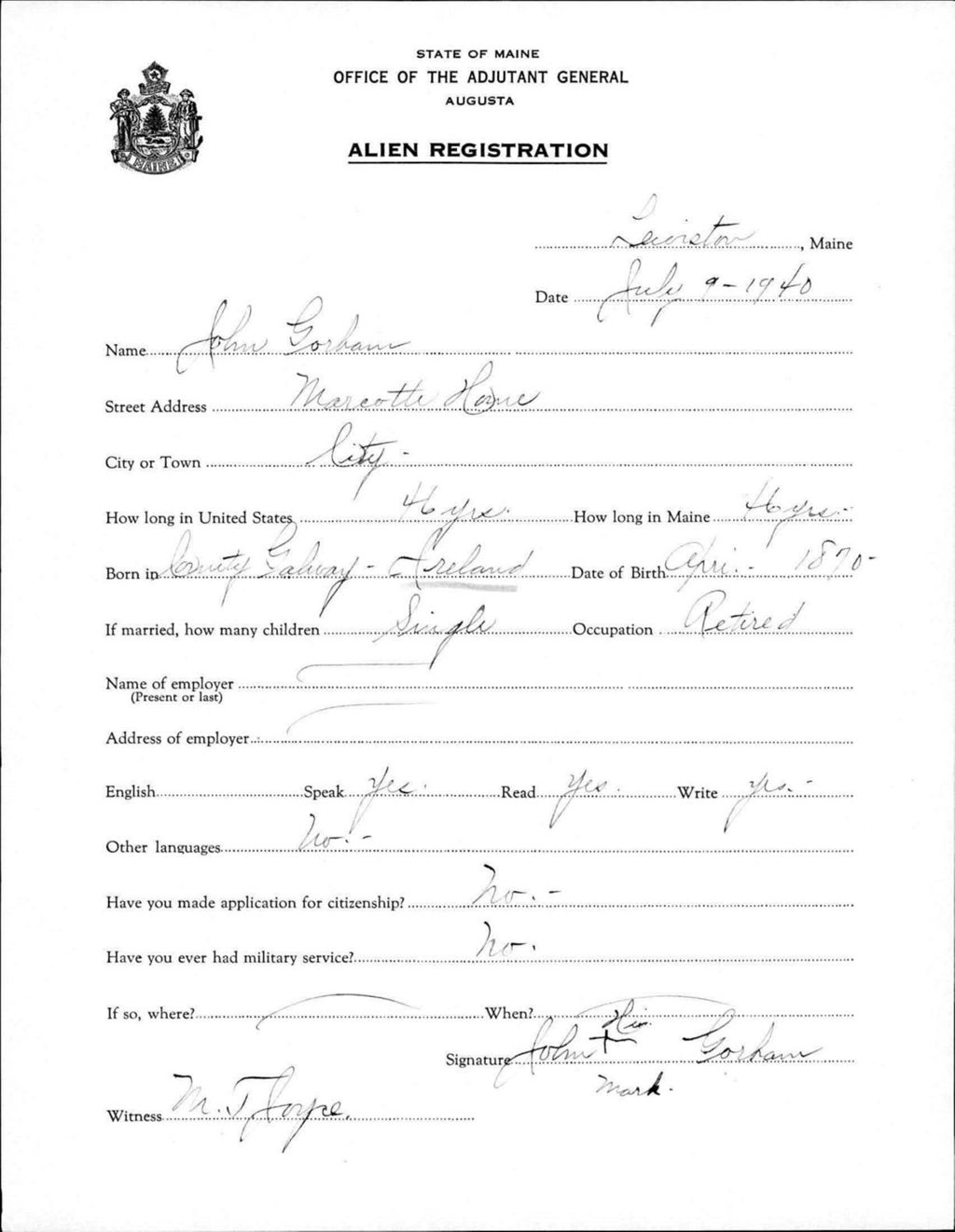 Miniature of Alien Registration- Gorham, John (Lewiston, Androscoggin County)