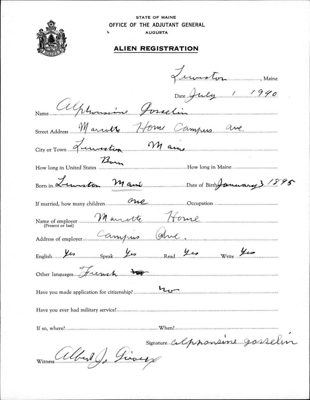 Miniature of Alien Registration- Gosselin, Alphonsine (Lewiston, Androscoggin County)