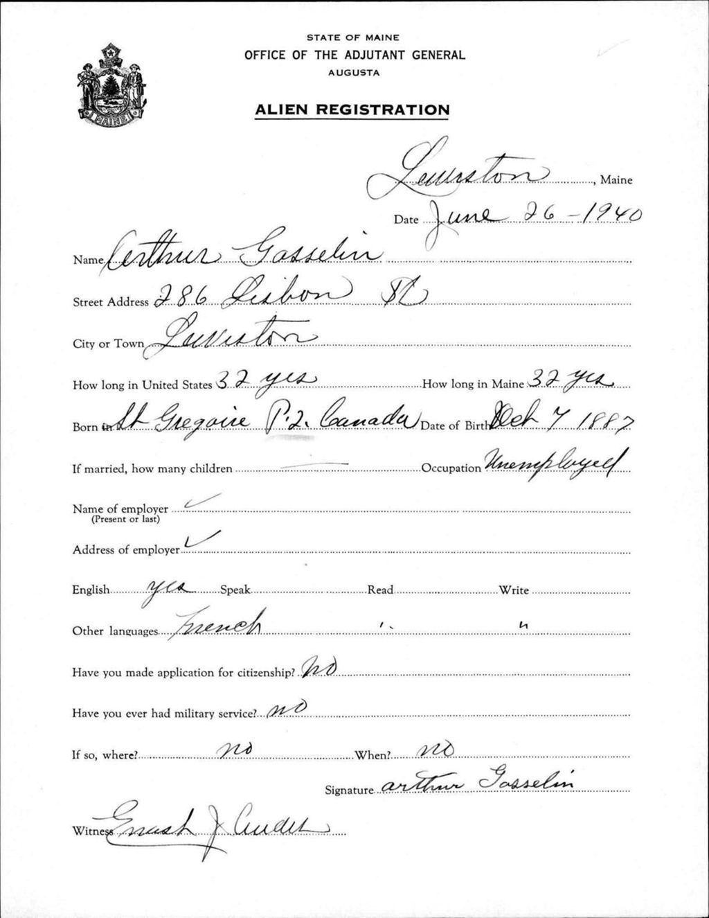 Miniature of Alien Registration- Gosselin, Arthur (Lewiston, Androscoggin County)