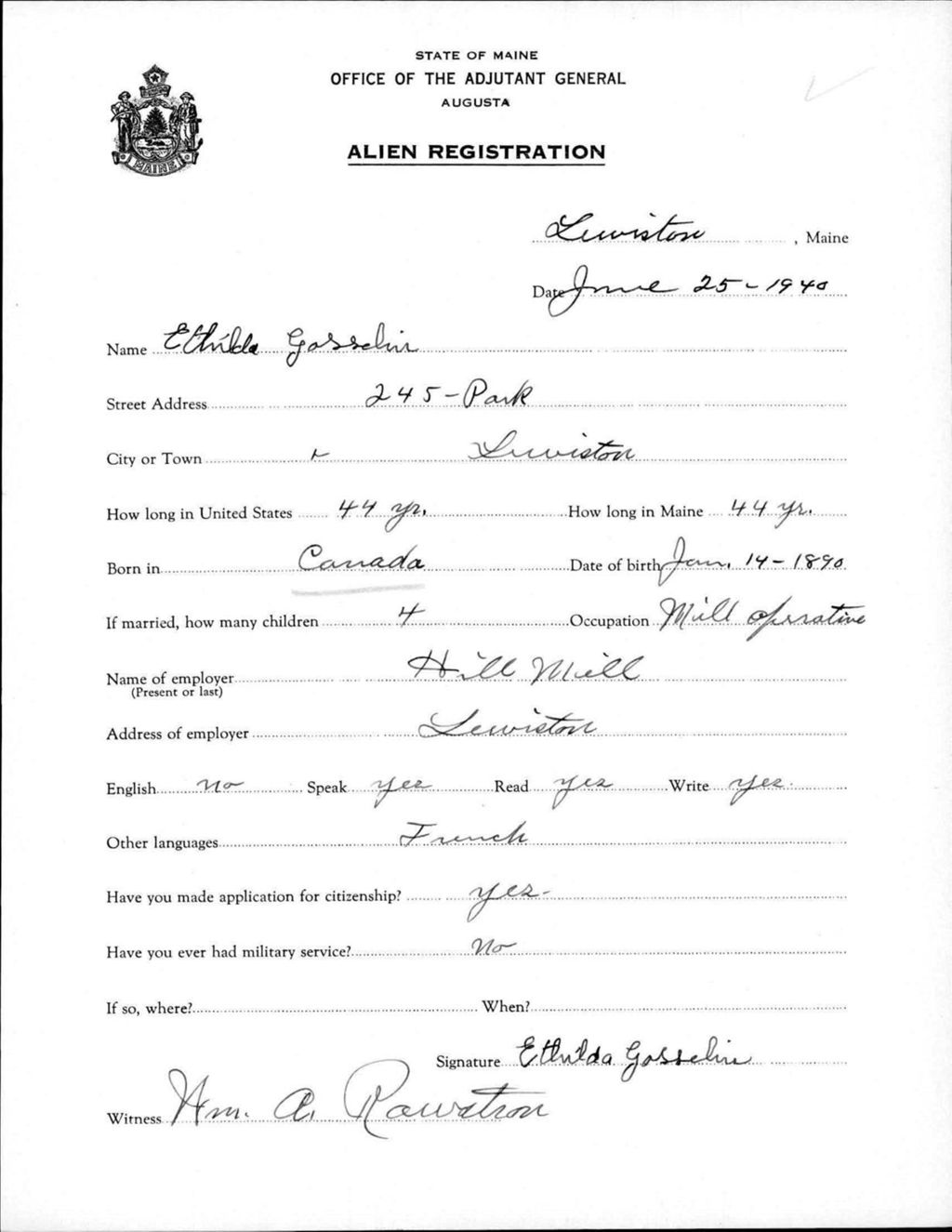Miniature of Alien Registration- Gosselin, Ethilda (Lewiston, Androscoggin County)
