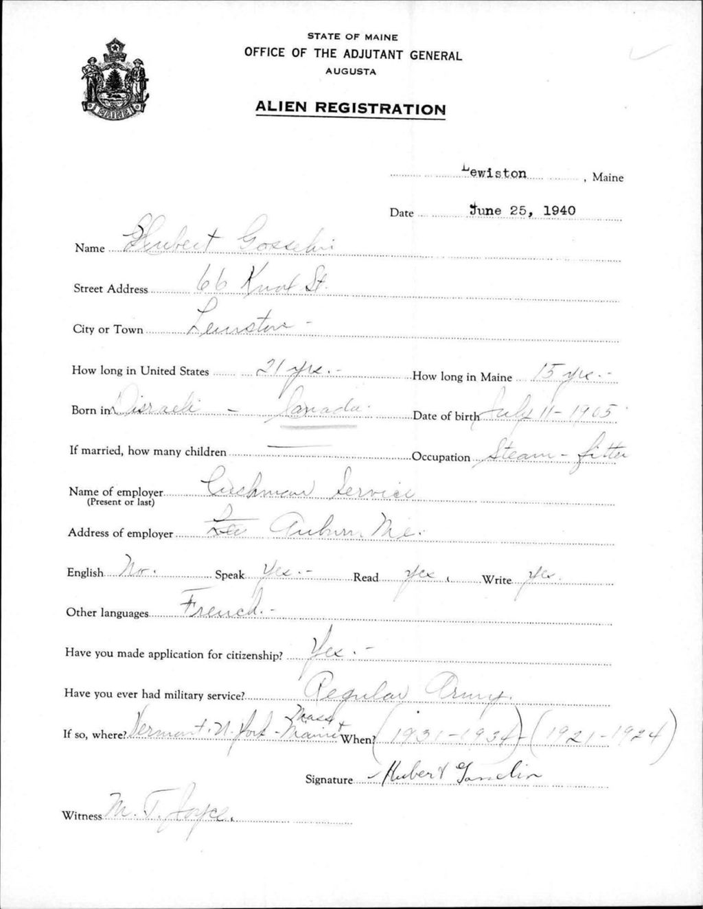 Miniature of Alien Registration- Gosselin, Hubert (Lewiston, Androscoggin County)