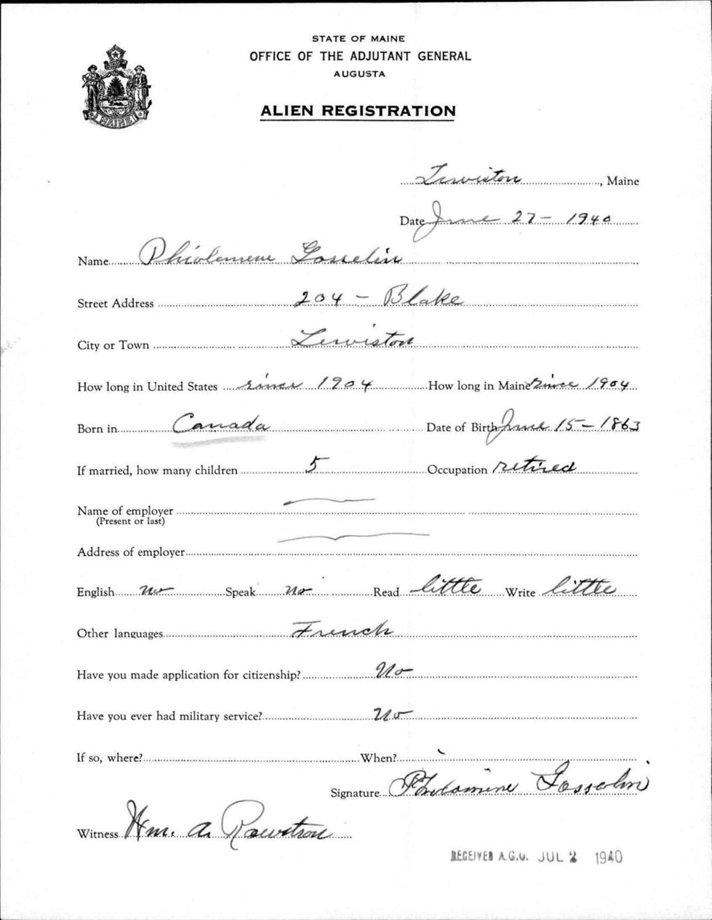 Miniature of Alien Registration- Gosselin, Phiolanene (Lewiston, Androscoggin County)