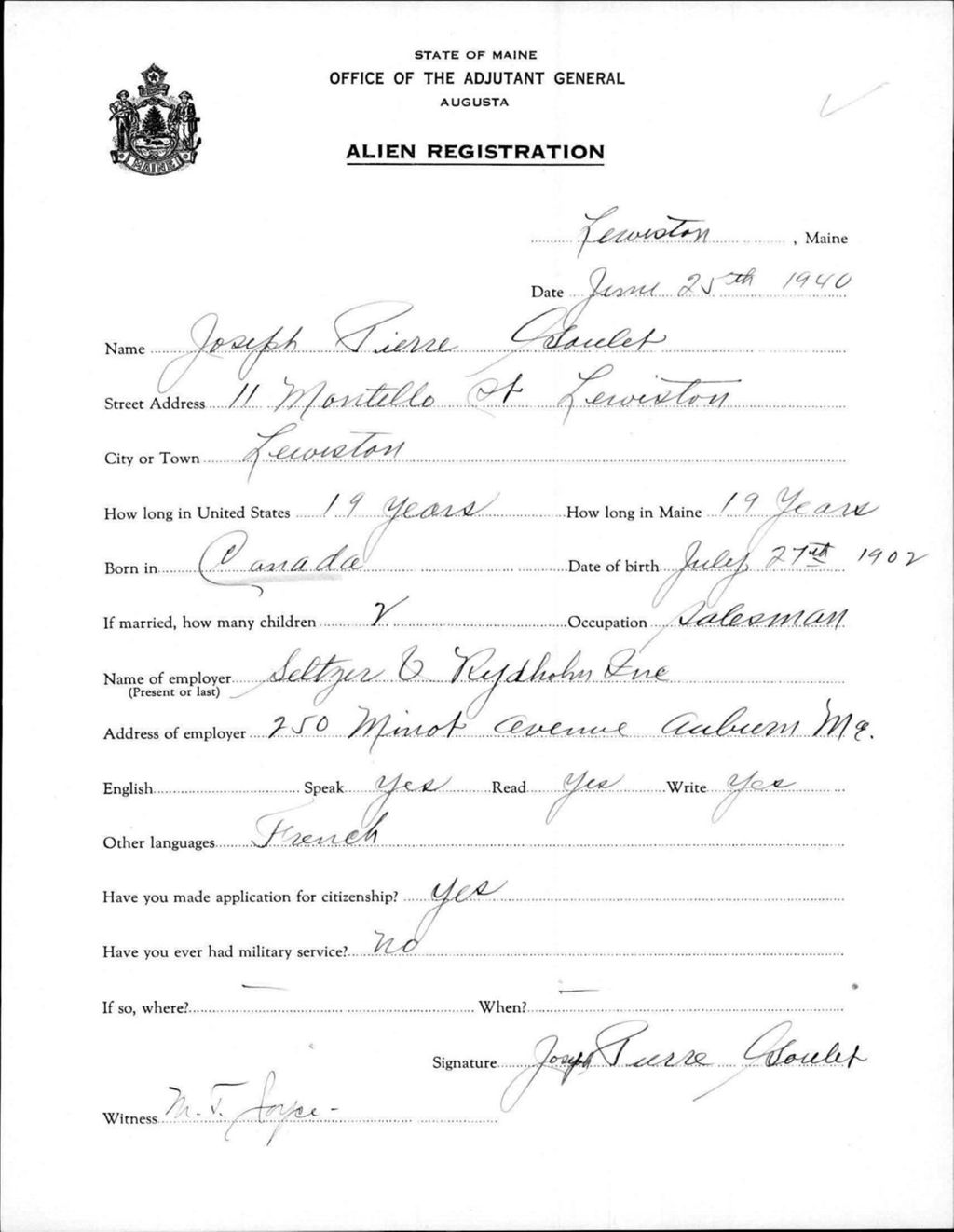 Miniature of Alien Registration- Goulet, Joseph P. (Lewiston, Androscoggin County)
