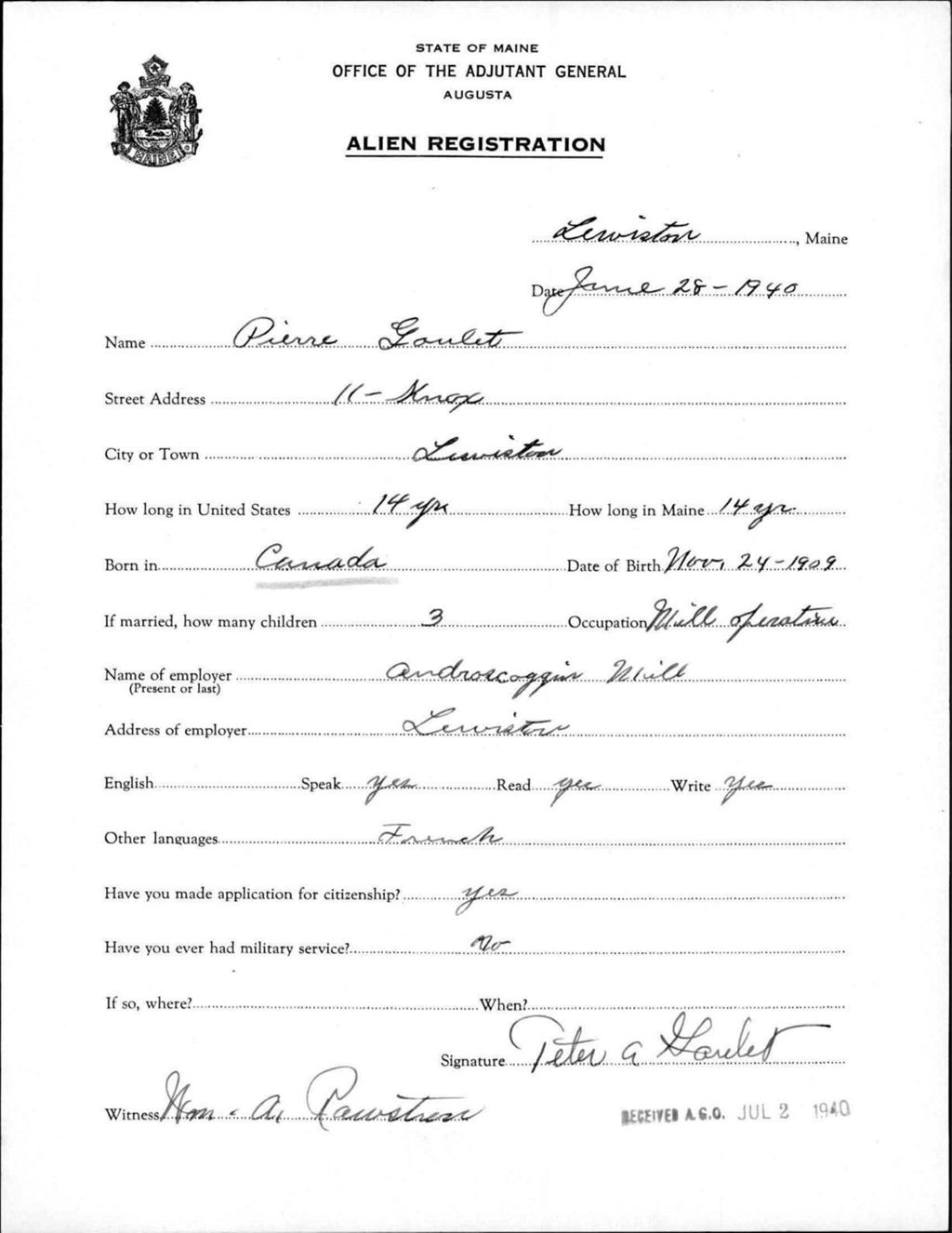Miniature of Alien Registration- Goulet, Pierre (Lewiston, Androscoggin County)