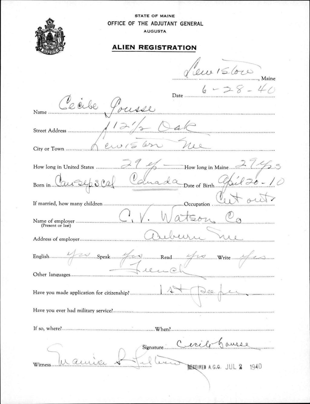 Miniature of Alien Registration- Gousse, Cecile (Lewiston, Androscoggin County)
