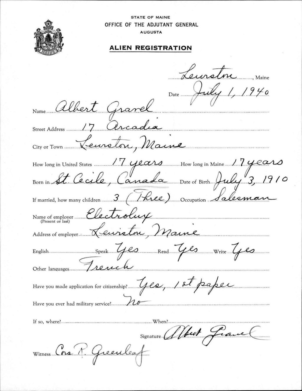 Miniature of Alien Registration- Gravel, Albert (Lewiston, Androscoggin County)