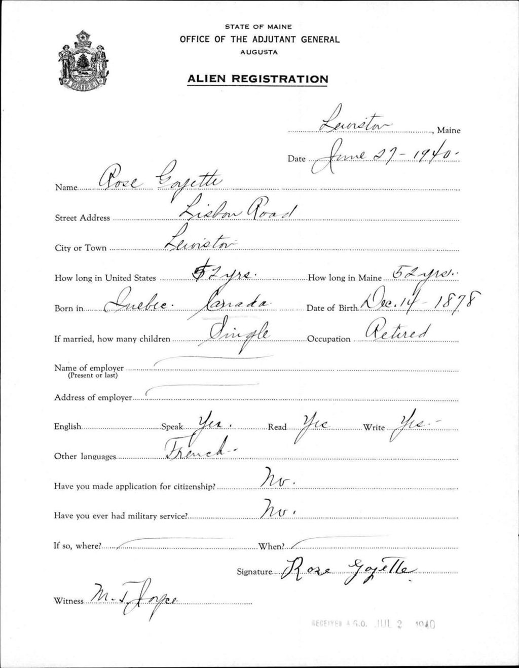 Miniature of Alien Registration- Goyette, Rose (Lewiston, Androscoggin County)