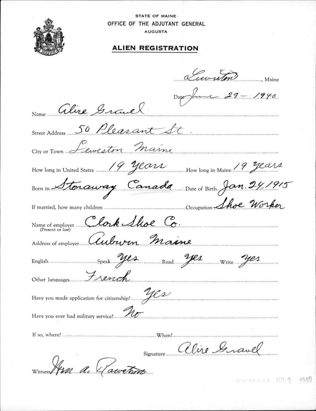 Miniature of Alien Registration- Gravel, Alire (Lewiston, Androscoggin County)