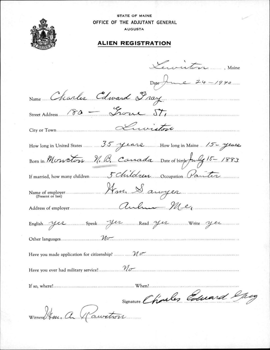 Miniature of Alien Registration- Gray, Charles E. (Lewiston, Androscoggin County)