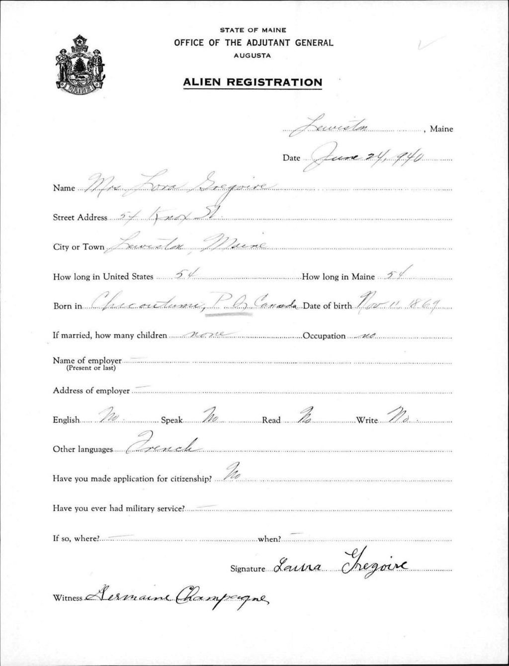 Miniature of Alien Registration- Gregoire, Lora (Lewiston, Androscoggin County)