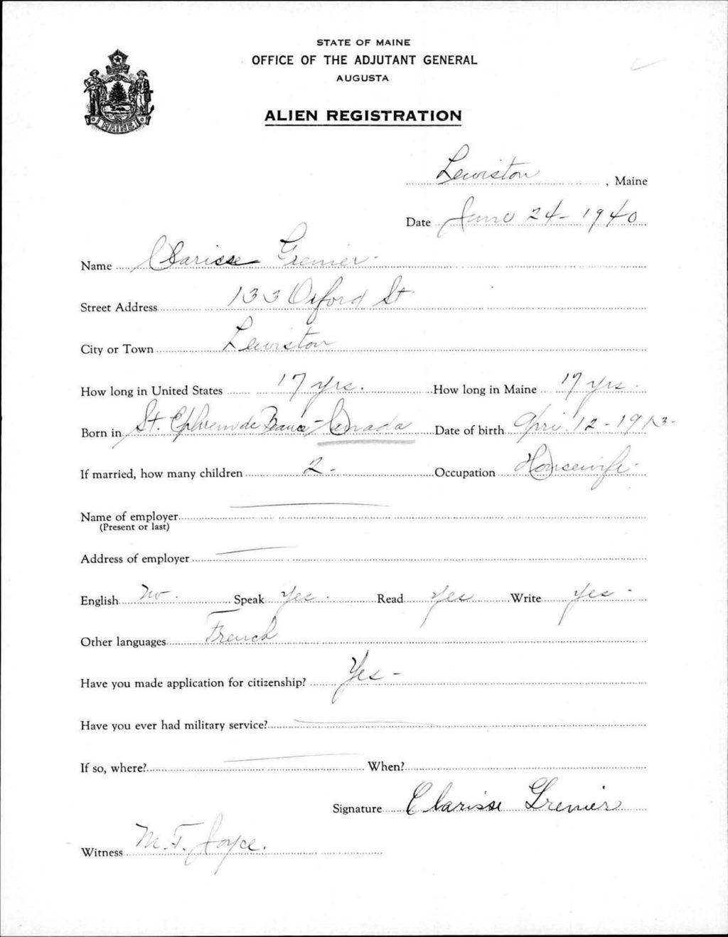 Miniature of Alien Registration- Grenier, Clarisse (Lewiston, Androscoggin County)