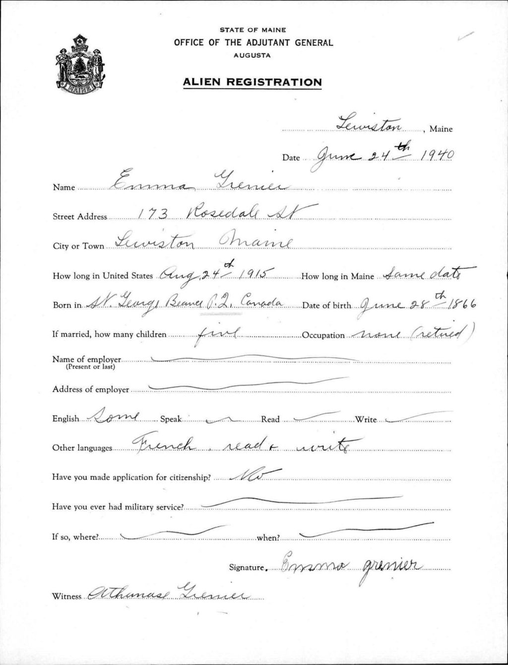 Miniature of Alien Registration- Grenier, Emma (Lewiston, Androscoggin County)