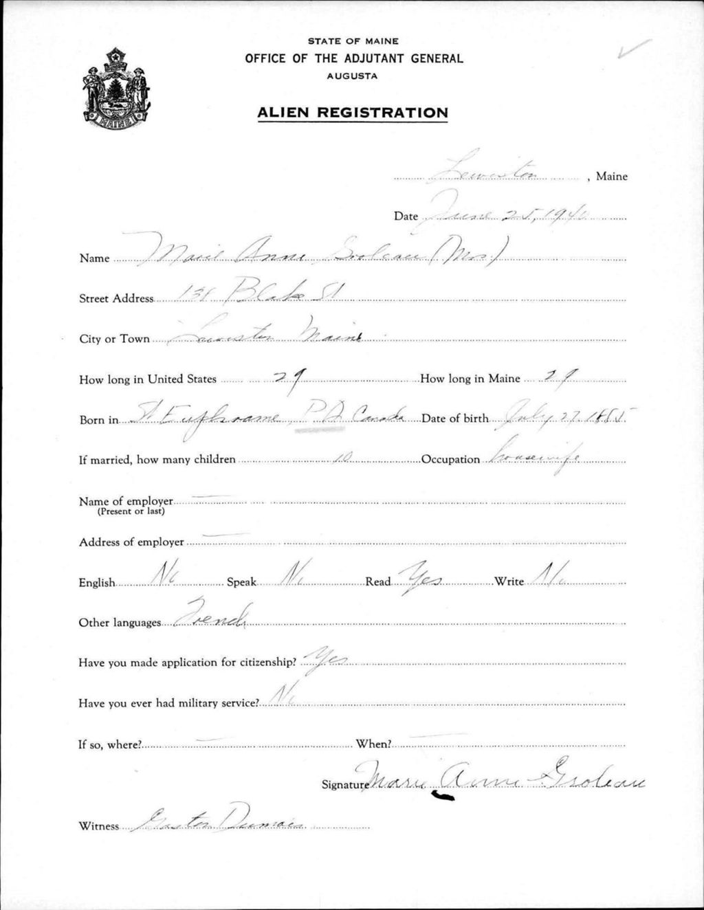 Miniature of Alien Registration- Groleau, Marie Anne (Lewiston, Androscoggin County)