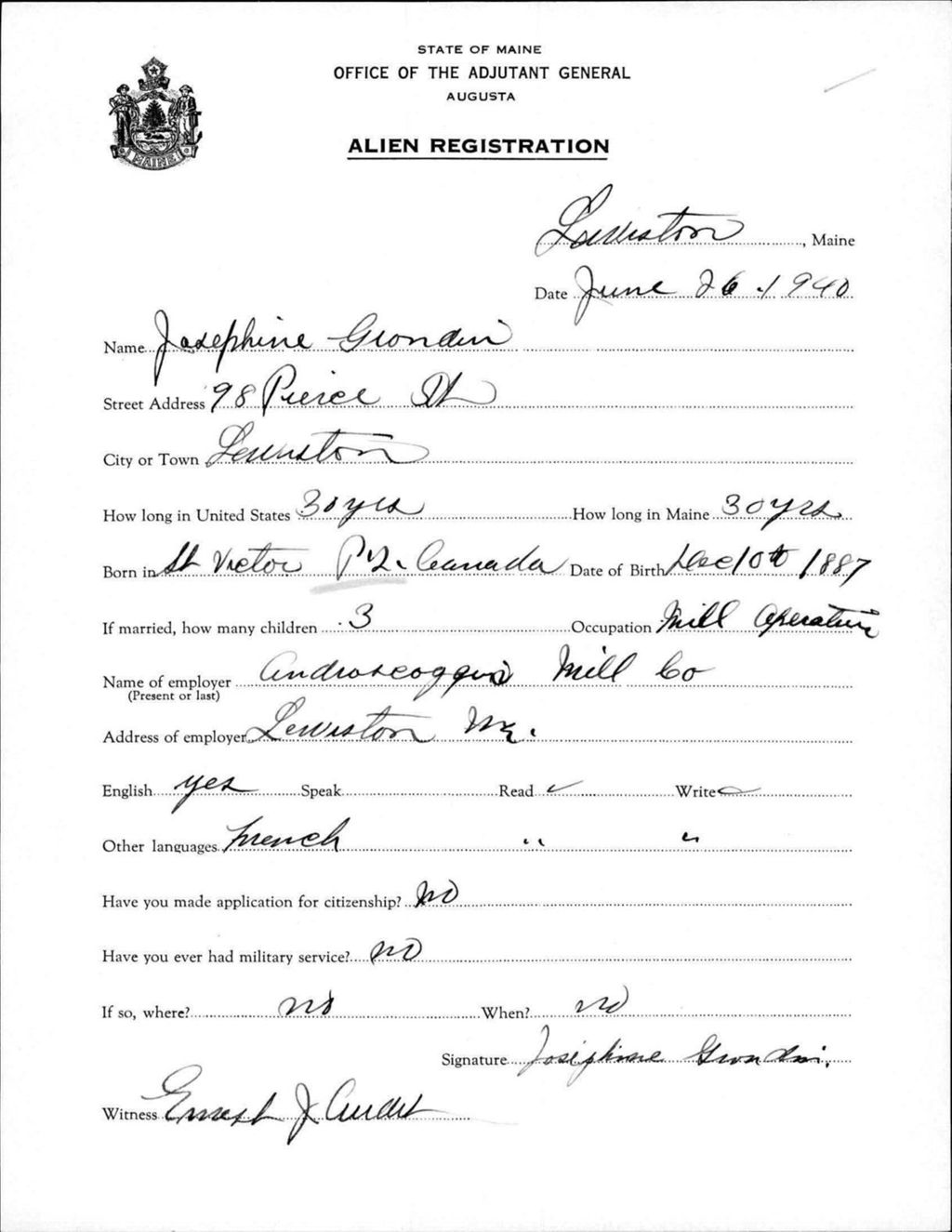Miniature of Alien Registration- Grondin, Josephine (Lewiston, Androscoggin County)