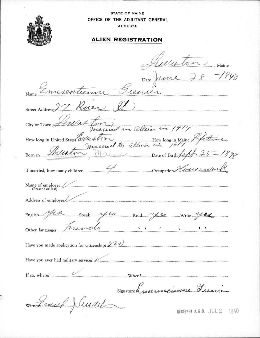 Miniature of Alien Registration- Grenier, Emerentienne (Lewiston, Androscoggin County)