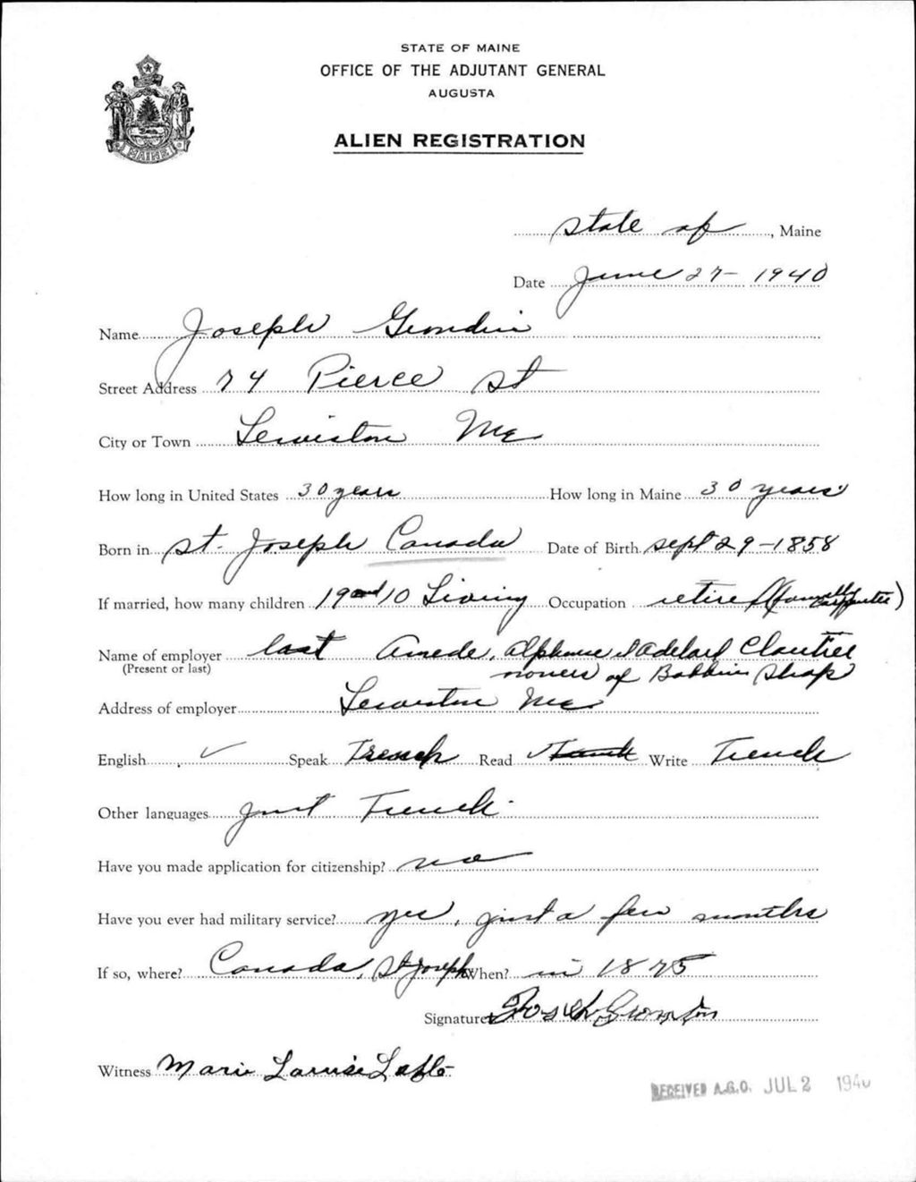Miniature of Alien Registration- Grondin, Joseph (Lewiston, Androscoggin County)
