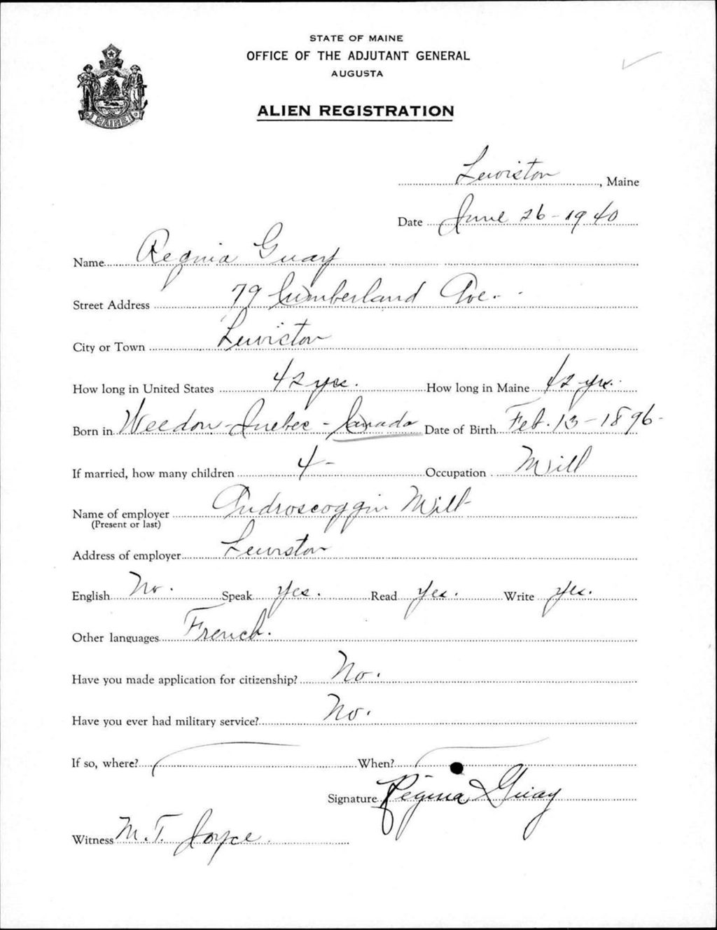 Miniature of Alien Registration- Guay, Regina (Lewiston, Androscoggin County)