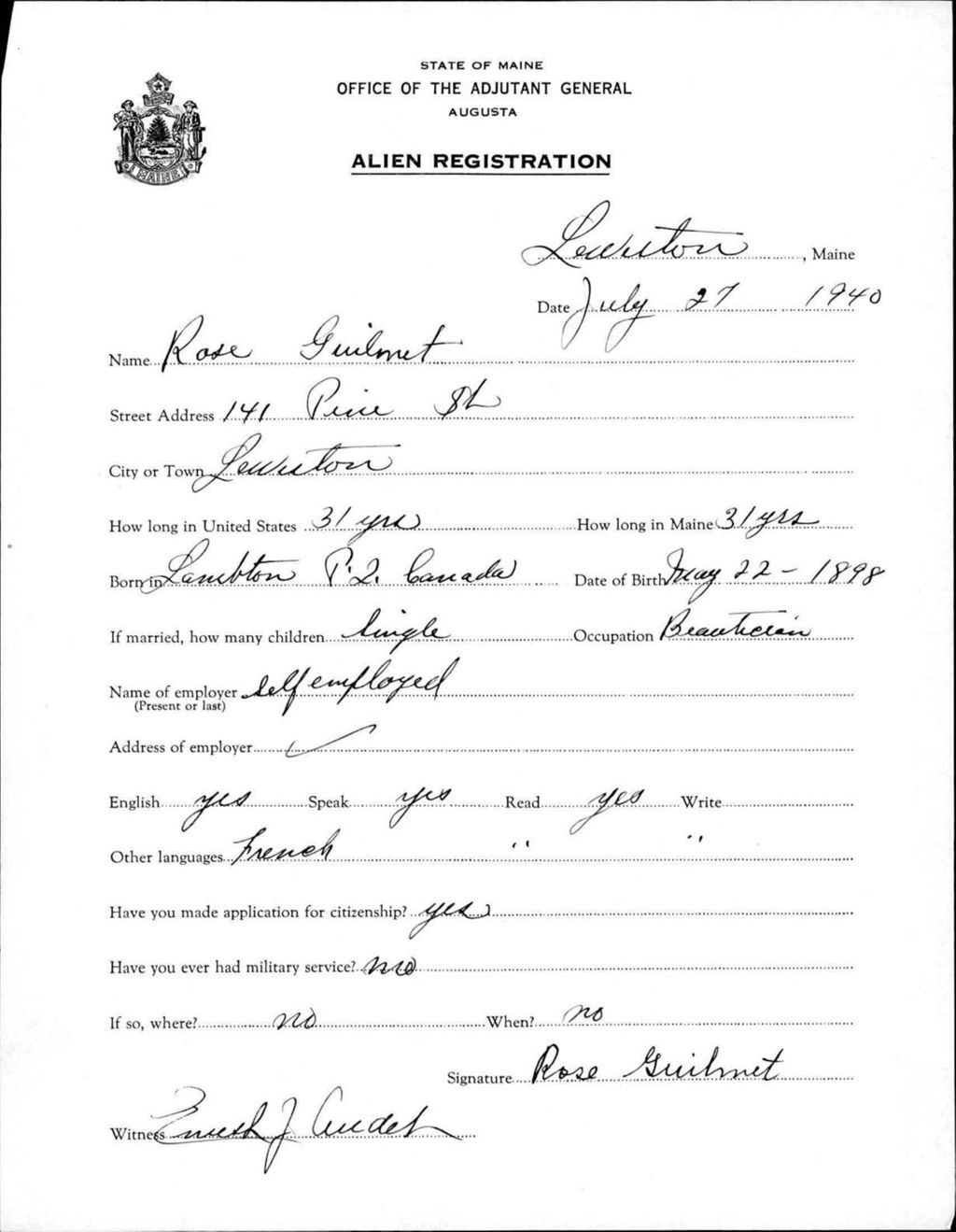Miniature of Alien Registration- Guilmet, Rose (Lewiston, Androscoggin County)