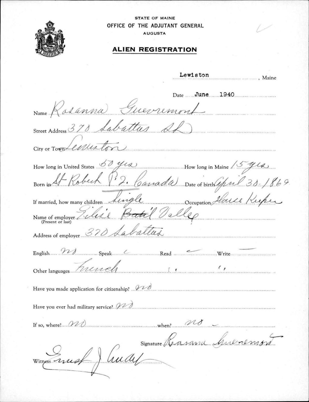 Miniature of Alien Registration- Guevremont, Rosanna (Lewiston, Androscoggin County)