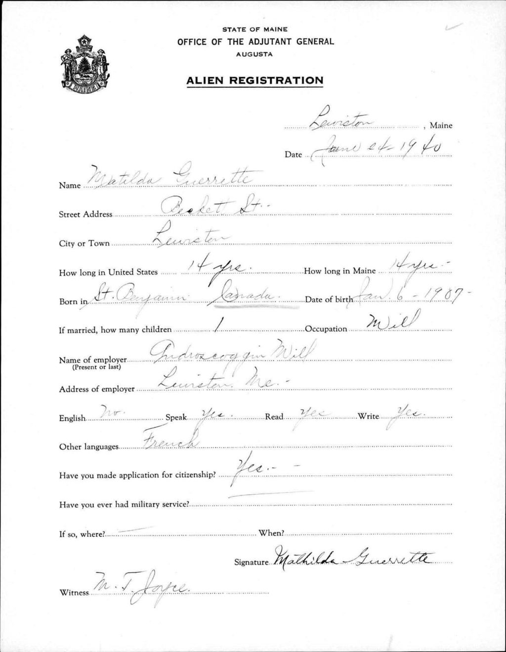 Miniature of Alien Registration- Guerrette, Matilda (Lewiston, Androscoggin County)
