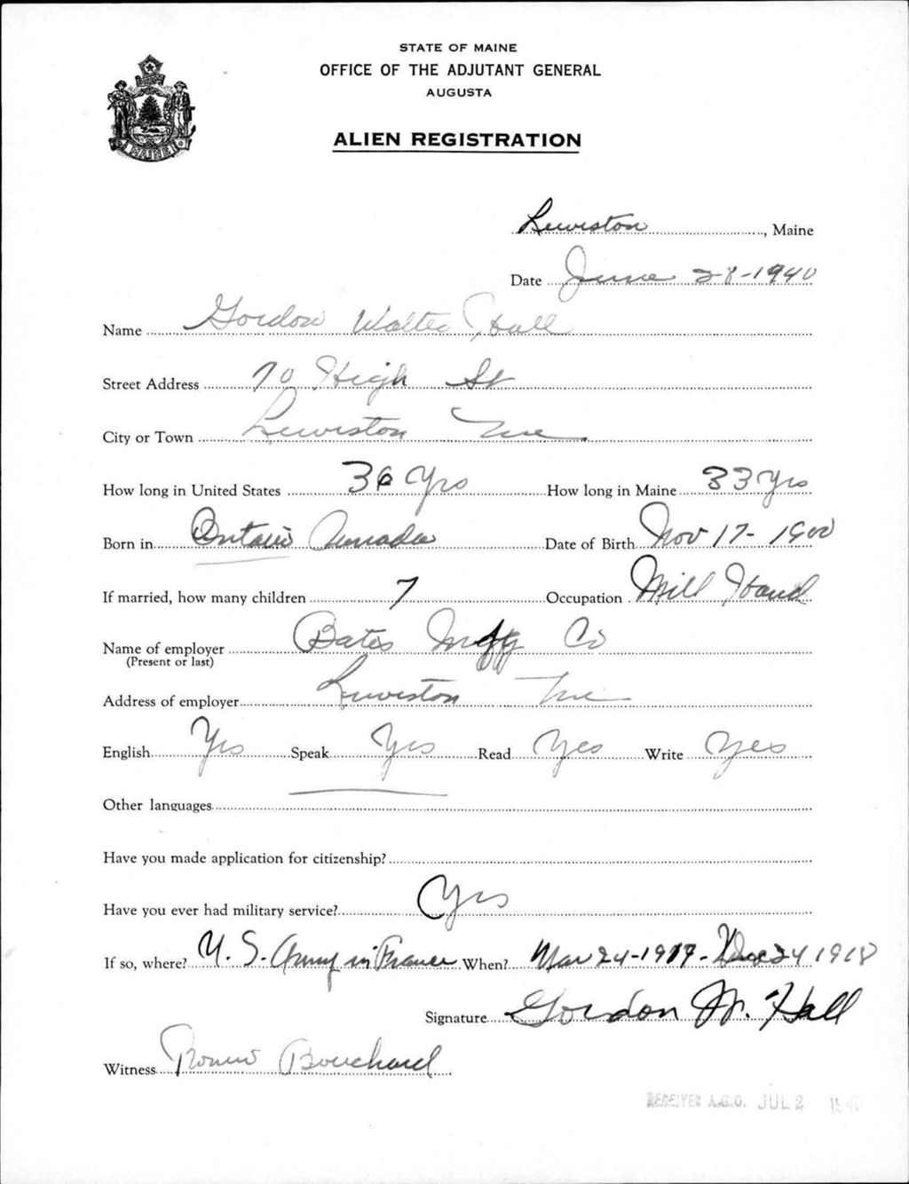 Miniature of Alien Registration- Hall, Gordon W. (Lewiston, Androscoggin County)