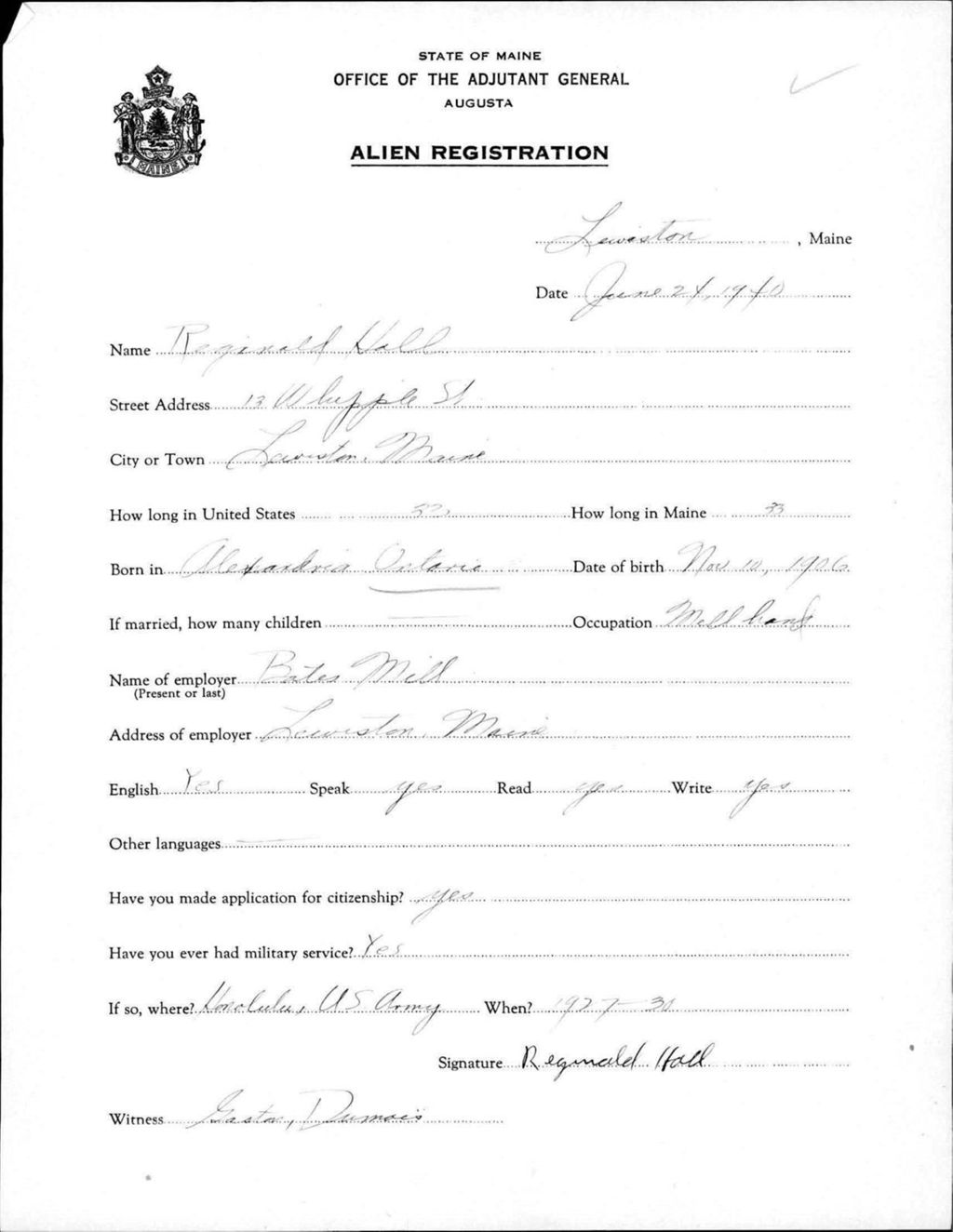 Miniature of Alien Registration- Hall, Reginald (Lewiston, Androscoggin County)