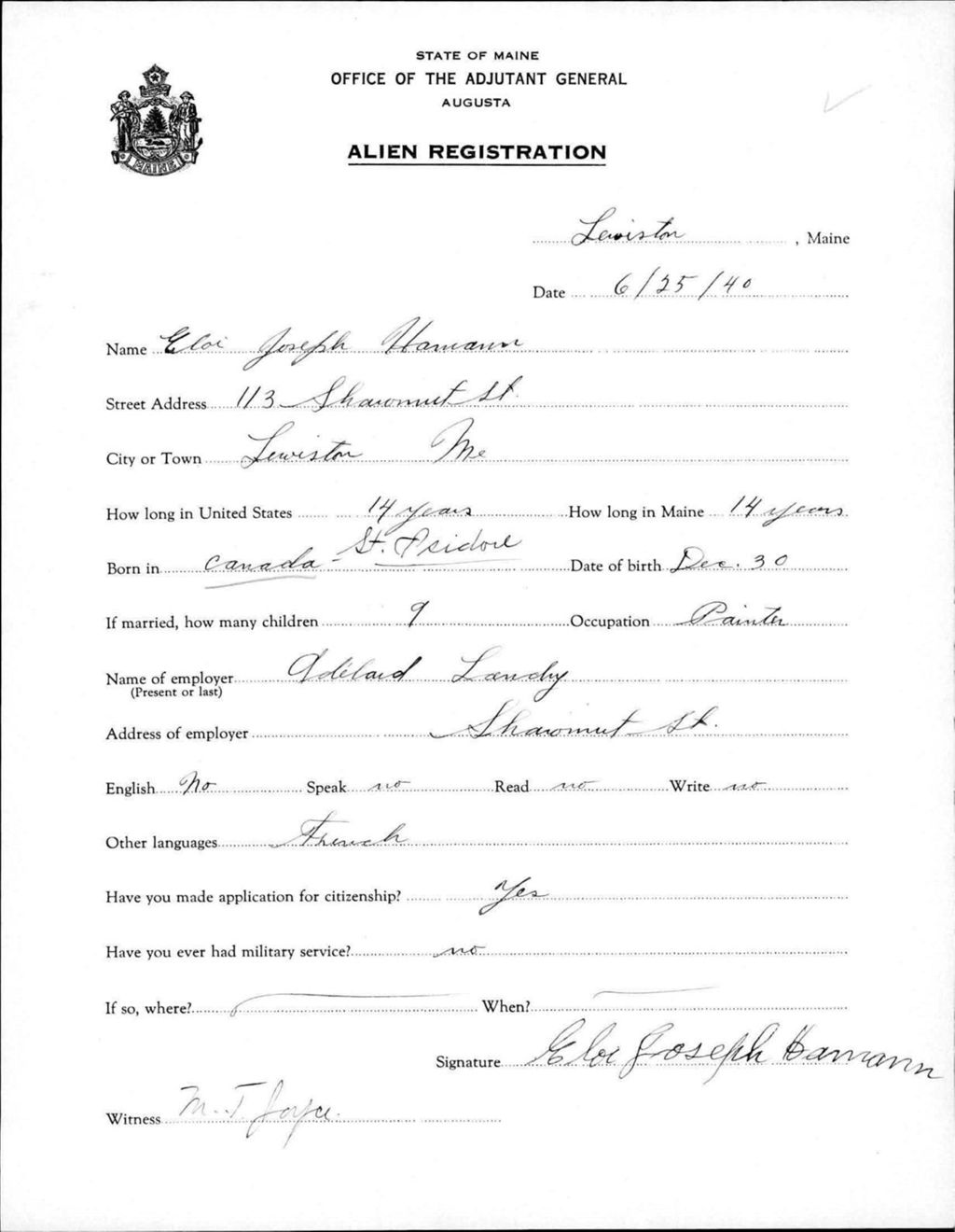 Miniature of Alien Registration- Harmann, Eloi J. (Lewiston, Androscoggin County)