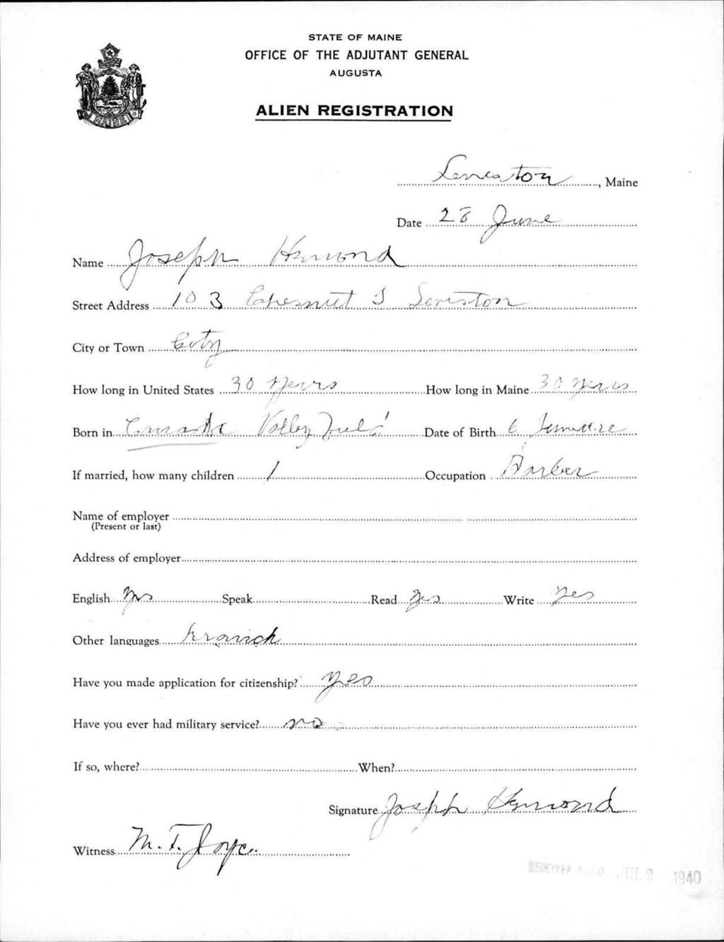 Miniature of Alien Registration- Harmond, Joseph (Lewiston, Androscoggin County)