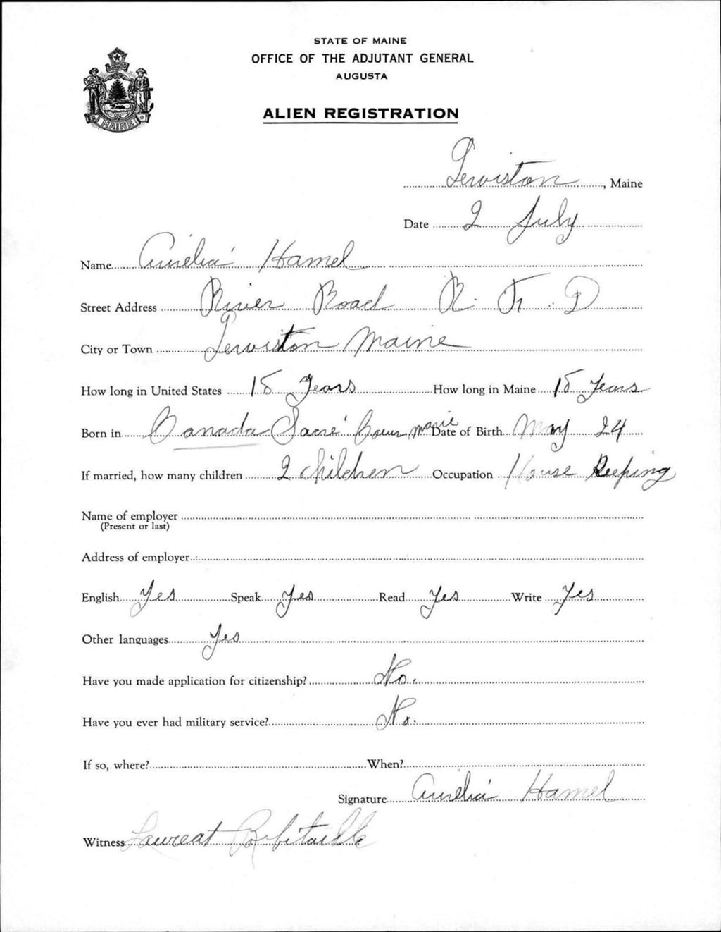 Miniature of Alien Registration- Hamel, Amelia (Lewiston, Androscoggin County)