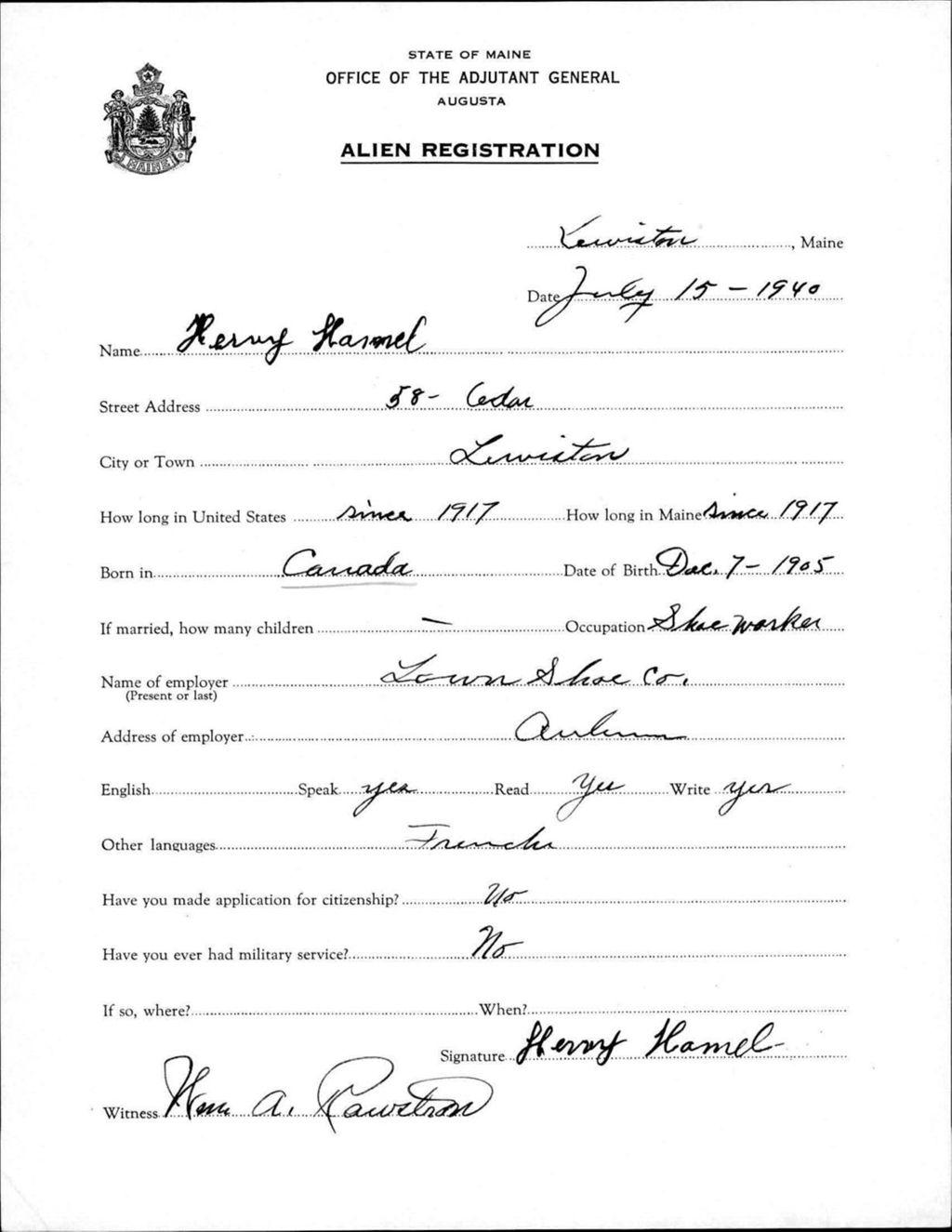 Miniature of Alien Registration- Hamel, Herrey (Lewiston, Androscoggin County)