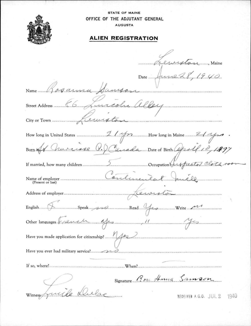 Miniature of Alien Registration- Hanson, Rosanna (Lewiston, Androscoggin County)