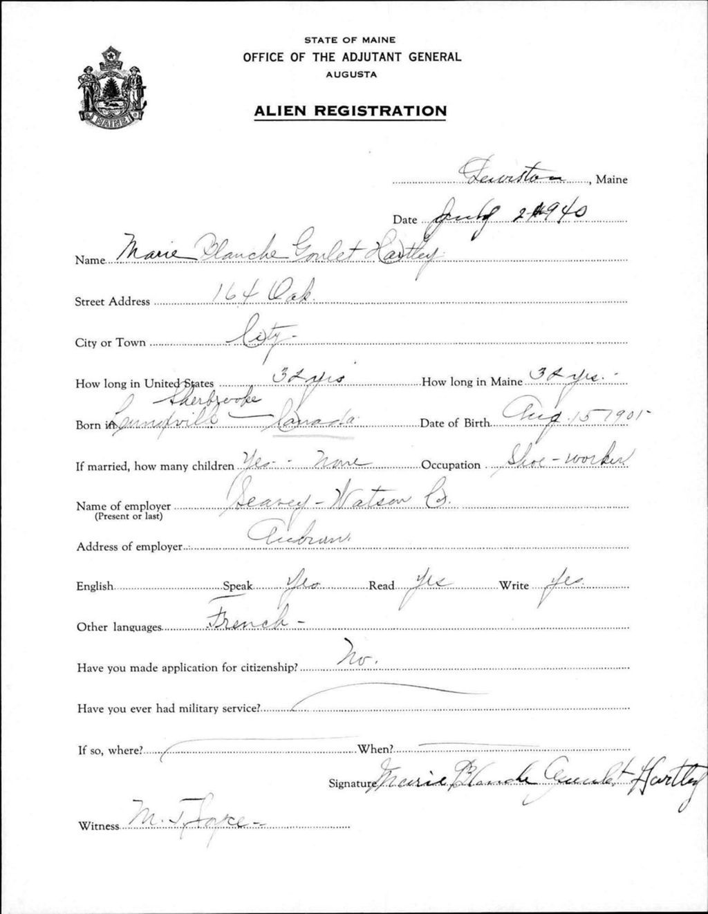 Miniature of Alien Registration- Goulet, Marie B. (Lewiston, Androscoggin County)