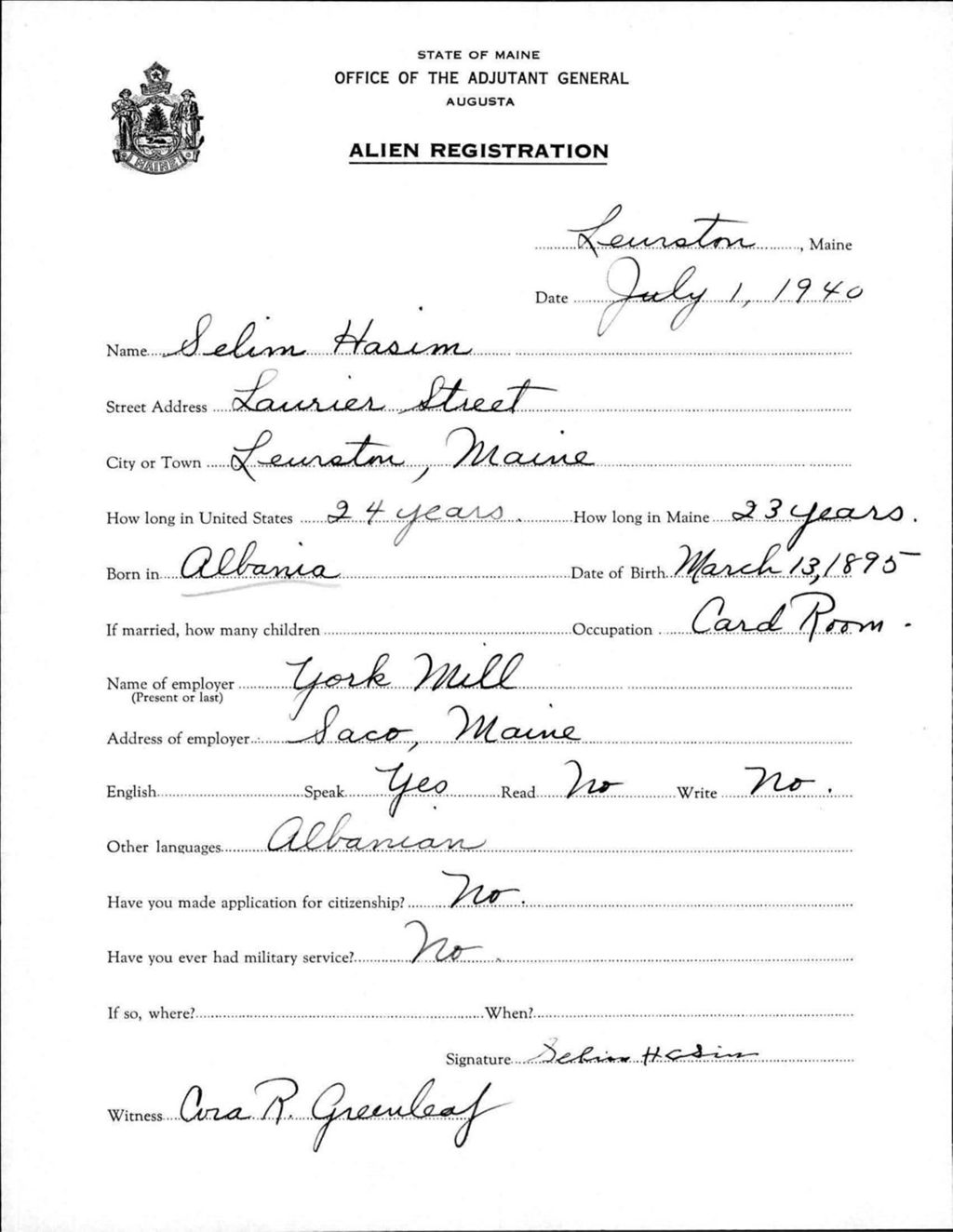 Miniature of Alien Registration- Hasim, Selim (Lewiston, Androscoggin County)