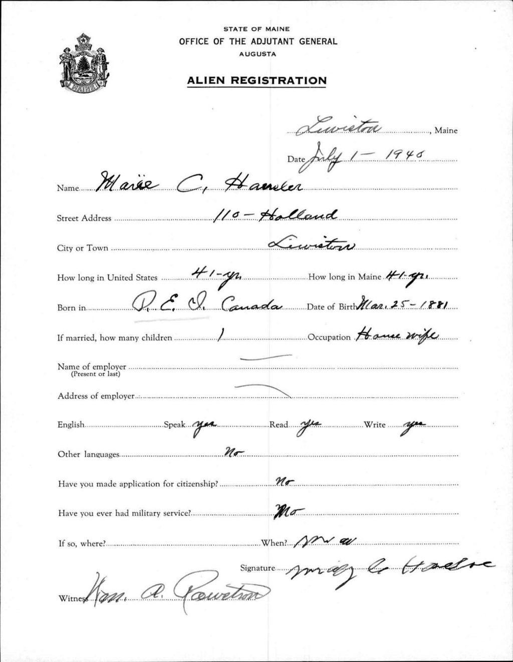 Miniature of Alien Registration- Hansler, Marie C. (Lewiston, Androscoggin County)