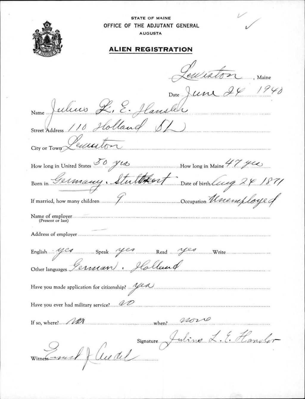 Miniature of Alien Registration- Hansler, Julius L E. (Lewiston, Androscoggin County)