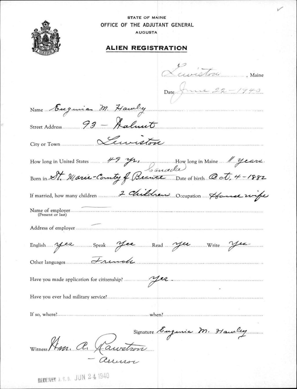 Miniature of Alien Registration- Hawley, Eugenia M. (Lewiston, Androscoggin County)