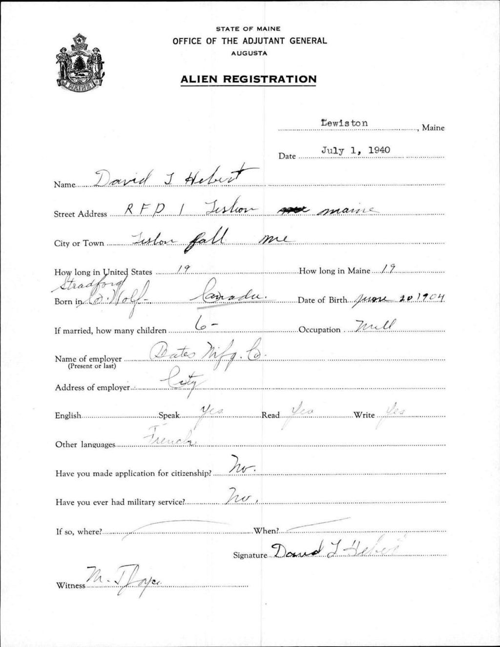 Miniature of Alien Registration- Hebert, David L. (Lewiston, Androscoggin County)
