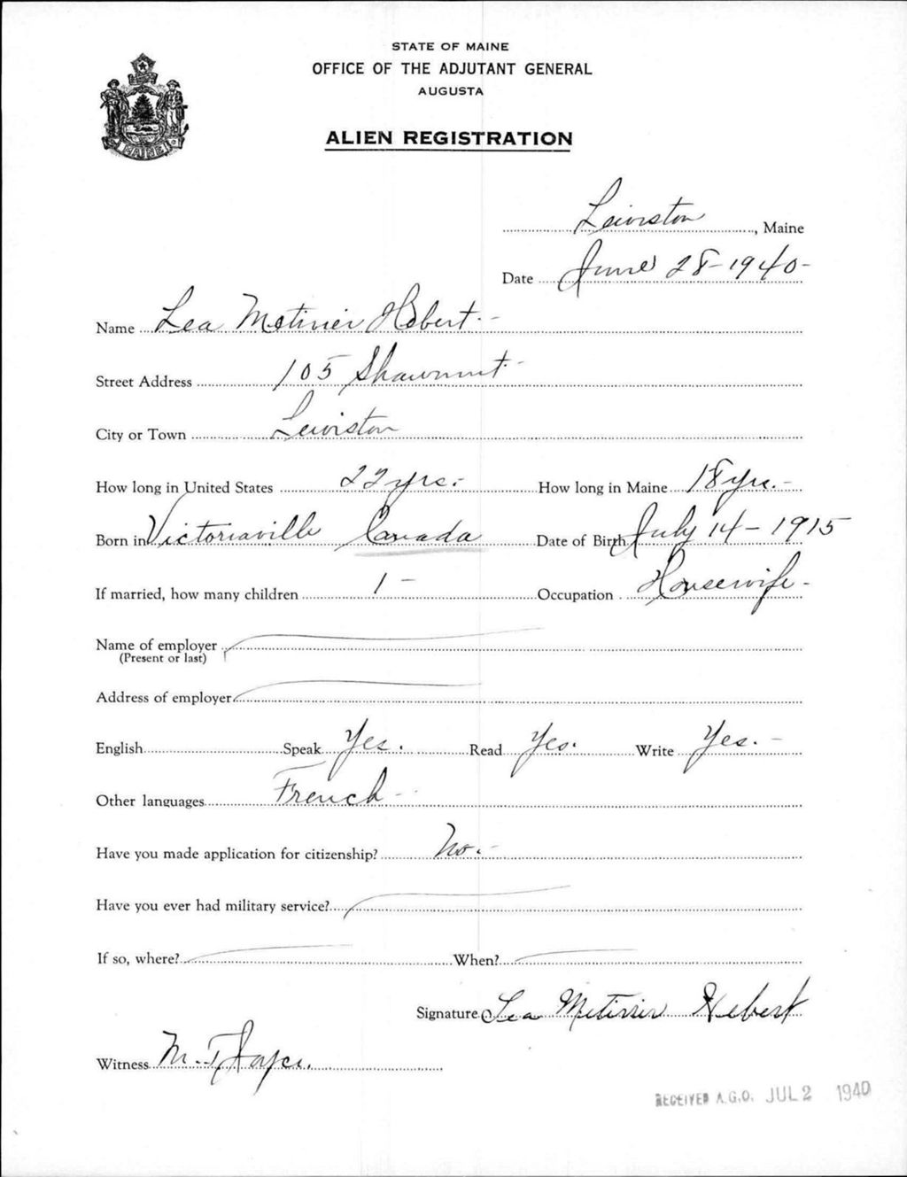Miniature of Alien Registration- Metivier, Lea (Lewiston, Androscoggin County)