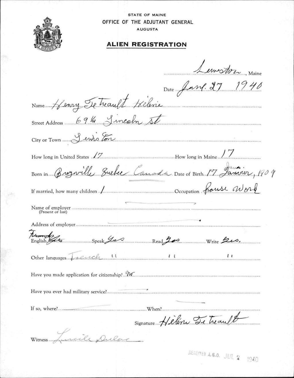 Miniature of Alien Registration- Tetreault, Helene H. (Lewiston, Androscoggin County)