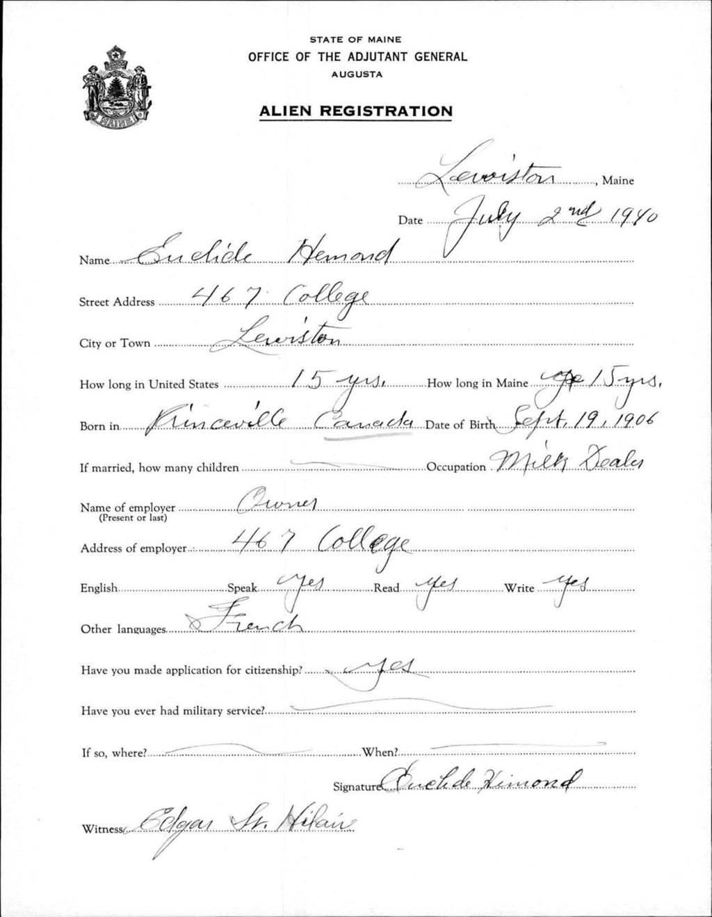 Miniature of Alien Registration- Hermond, Euclide (Lewiston, Androscoggin County)