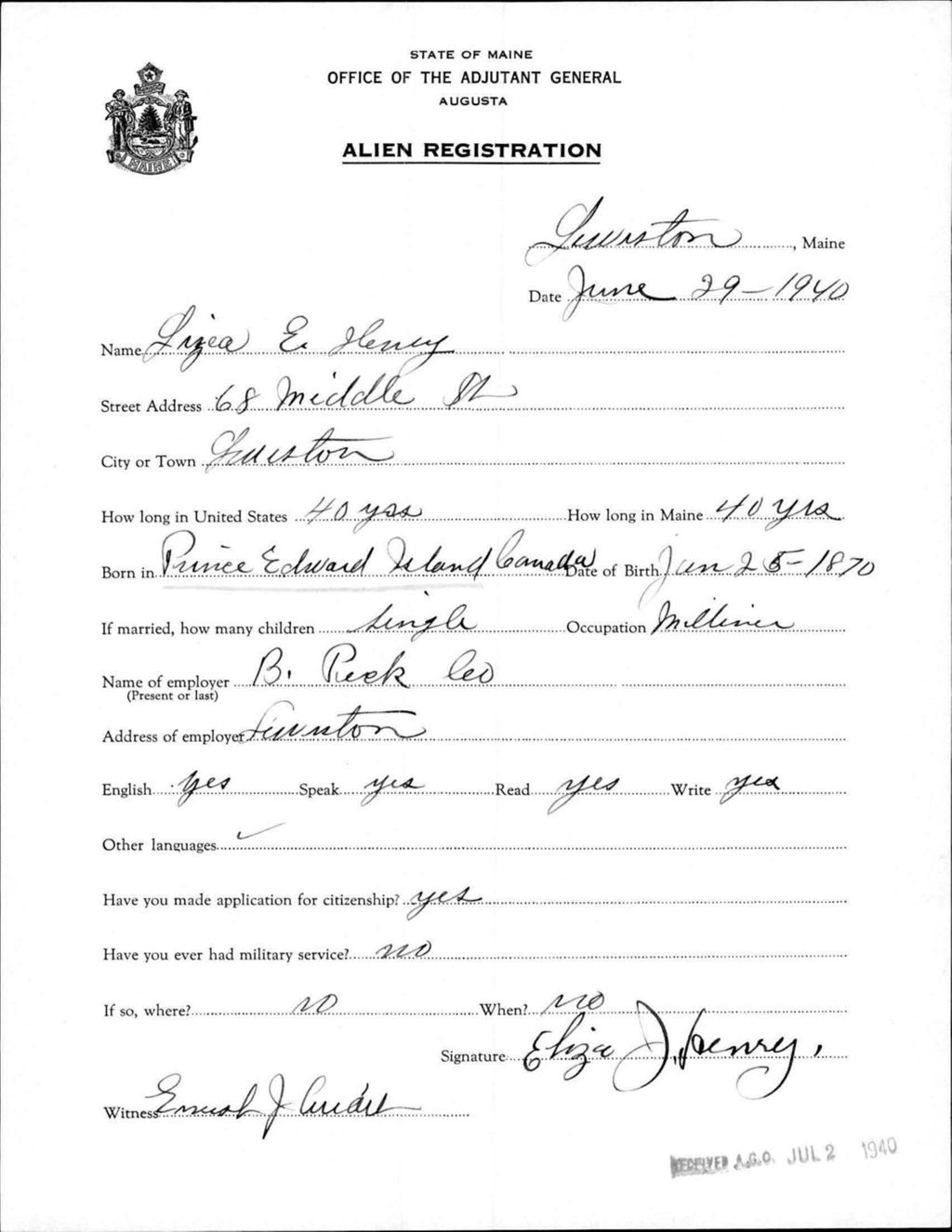 Miniature of Alien Registration- Henry, Eliza J. (Lewiston, Androscoggin County)