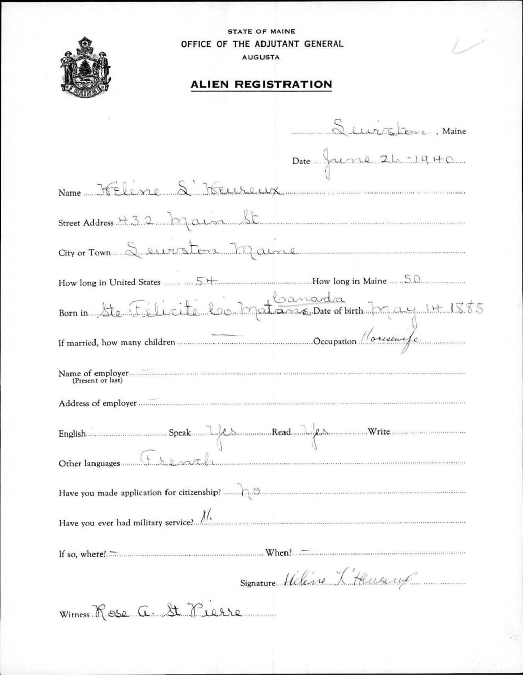 Miniature of Alien Registration- Heureux, Helene S. (Lewiston, Androscoggin County)